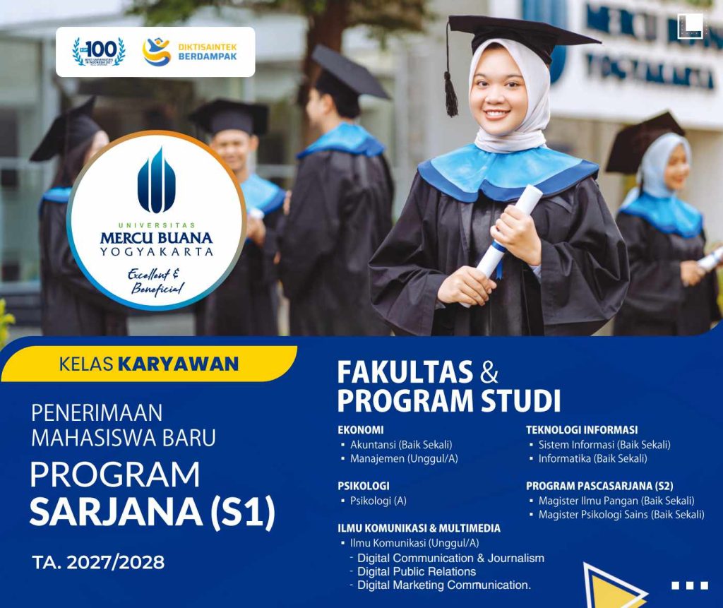Universitas Mercu Buana Yogyakarta (UMBY) membuka program Kelas Karyawan Tahun Akademik 2027 bagi Anda yang ingin melanjutkan pendidikan sambil tetap bekerja.